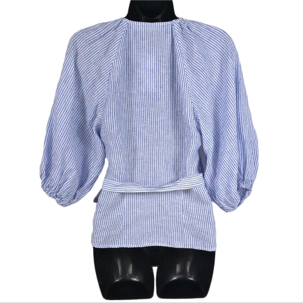Jonathan Simkhai Puff Sleeve Linen Wrap Shirt Cove Stripe - Picture 5 of 9